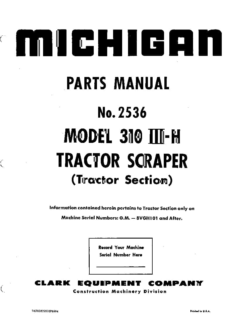 MICHIGAN SCRAPER 310III-H 2536 Parts Manual PDF Download