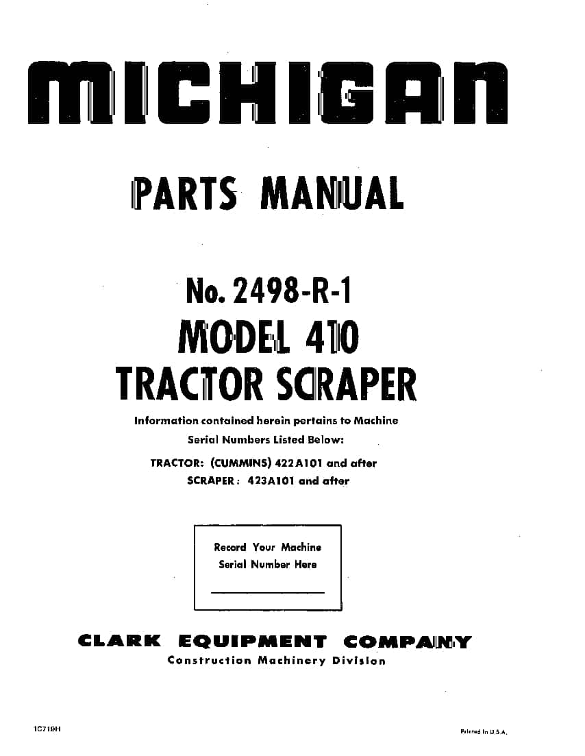 MICHIGAN SCRAPER 410 2498-R-1 Parts Manual PDF Download