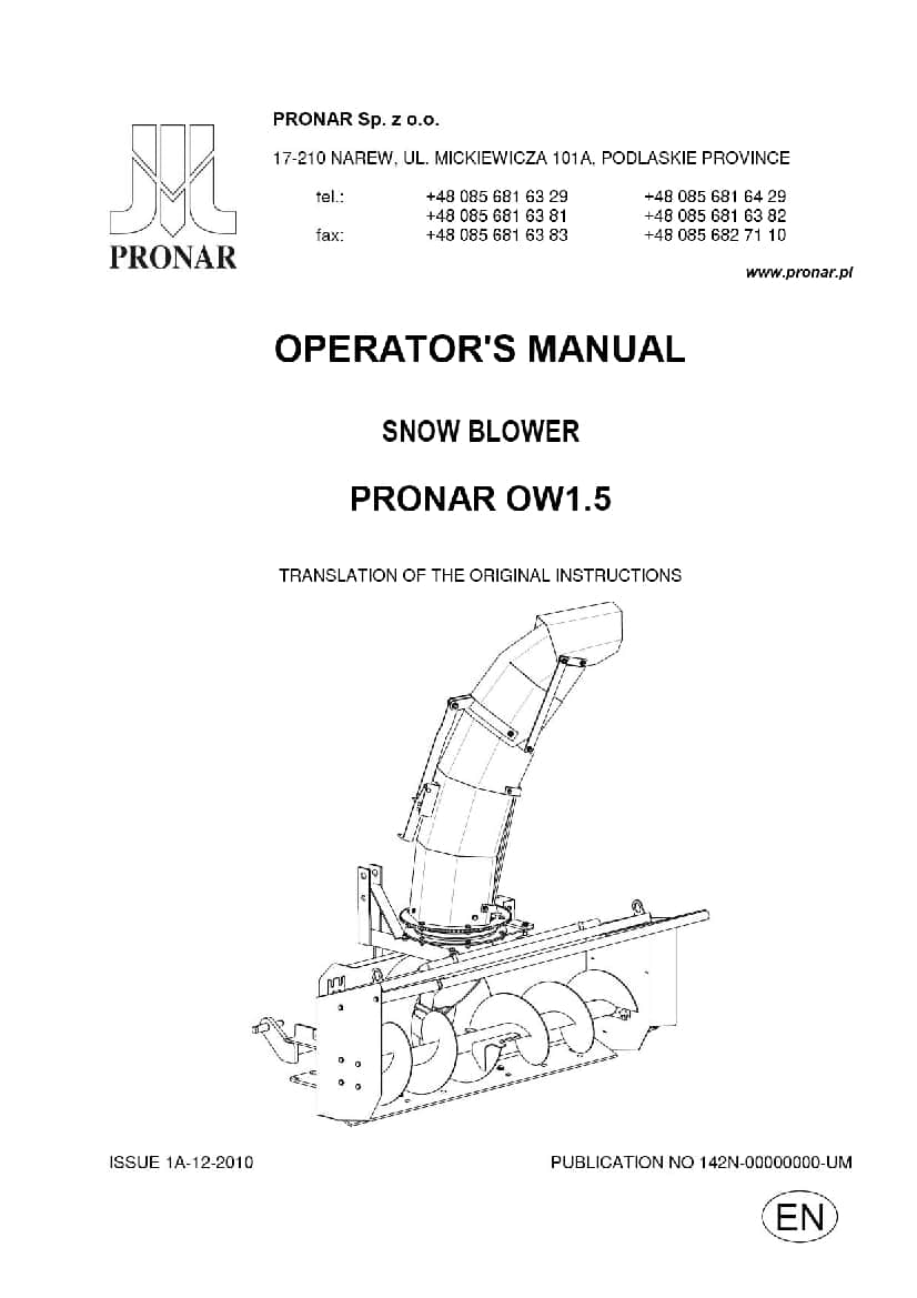Pronar Frezu Za Snijeg Ow1.5 En Workshop Repair Service Manual PDF Download