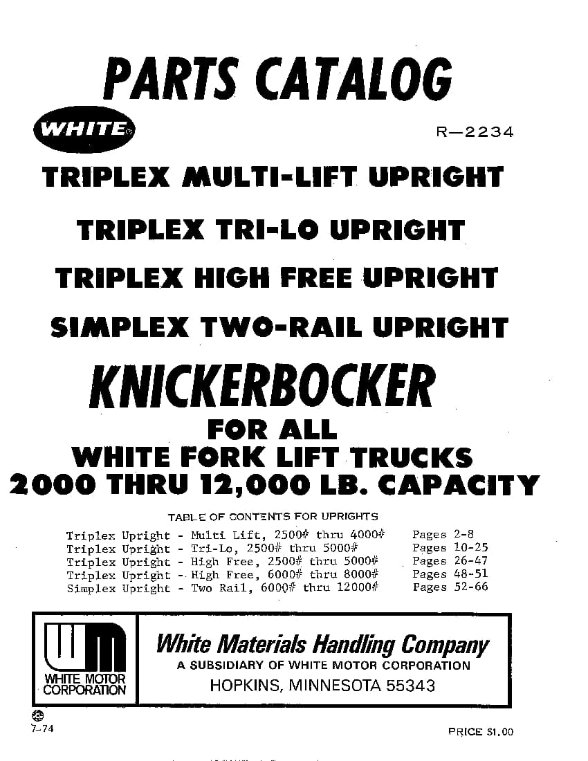 WHITE FORK LIFT KNICKERBOCKER PM R2234 Parts Manual PDF Download
