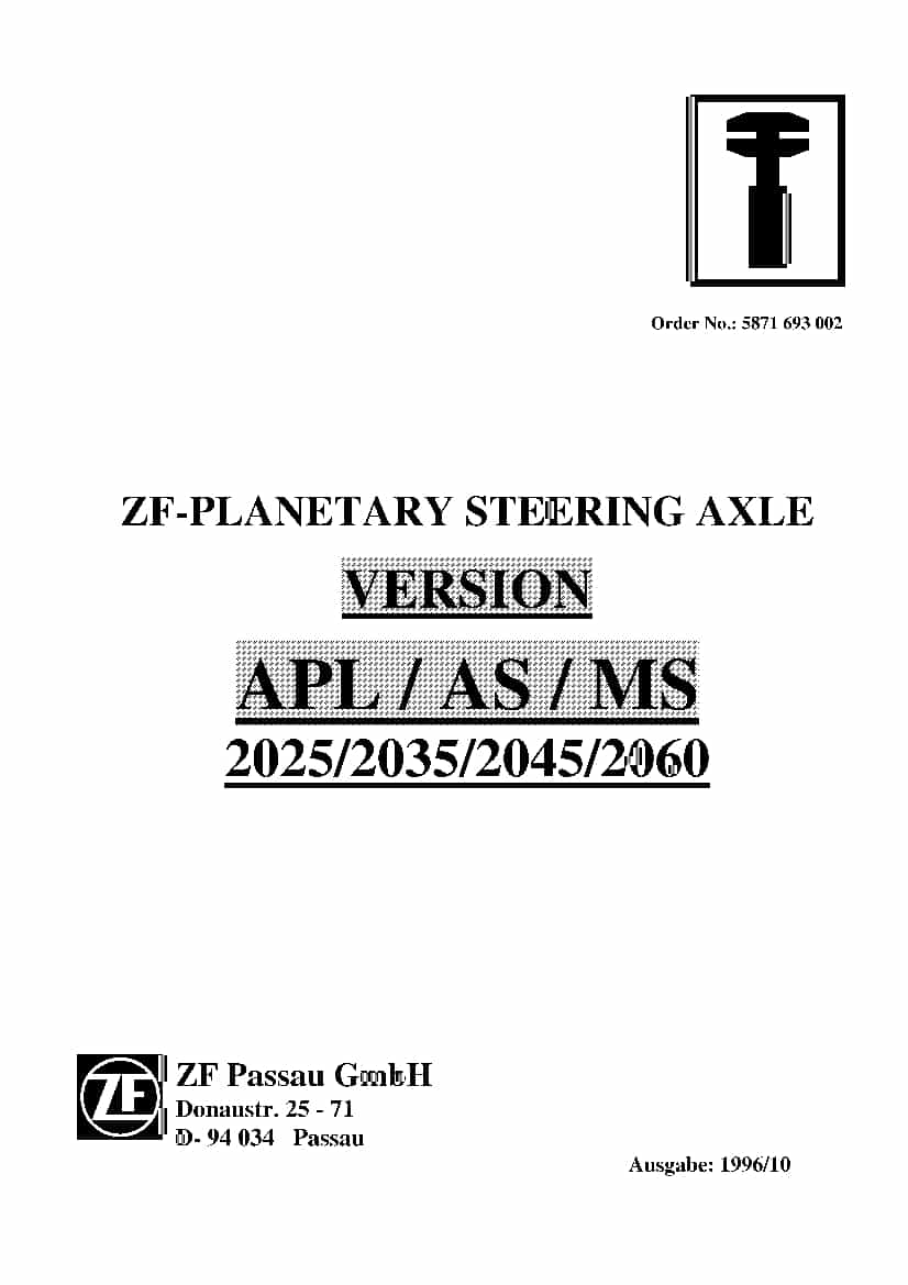 ZF Passau Planetary Steering axle APL AS MS 2025 2035 2045 2060 Workshop Repair Service Manual PDF Download