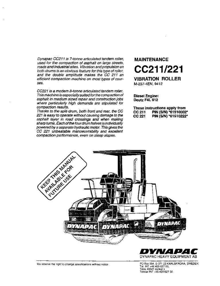 Dynapac CC 211 221 Operation and Maintenance Manual PDF Download