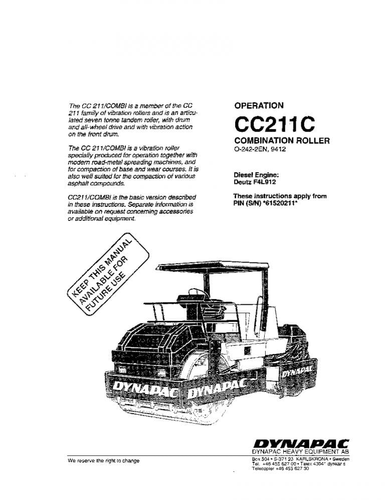 Dynapac CC 211C OP Operation and Maintenance Manual PDF Download