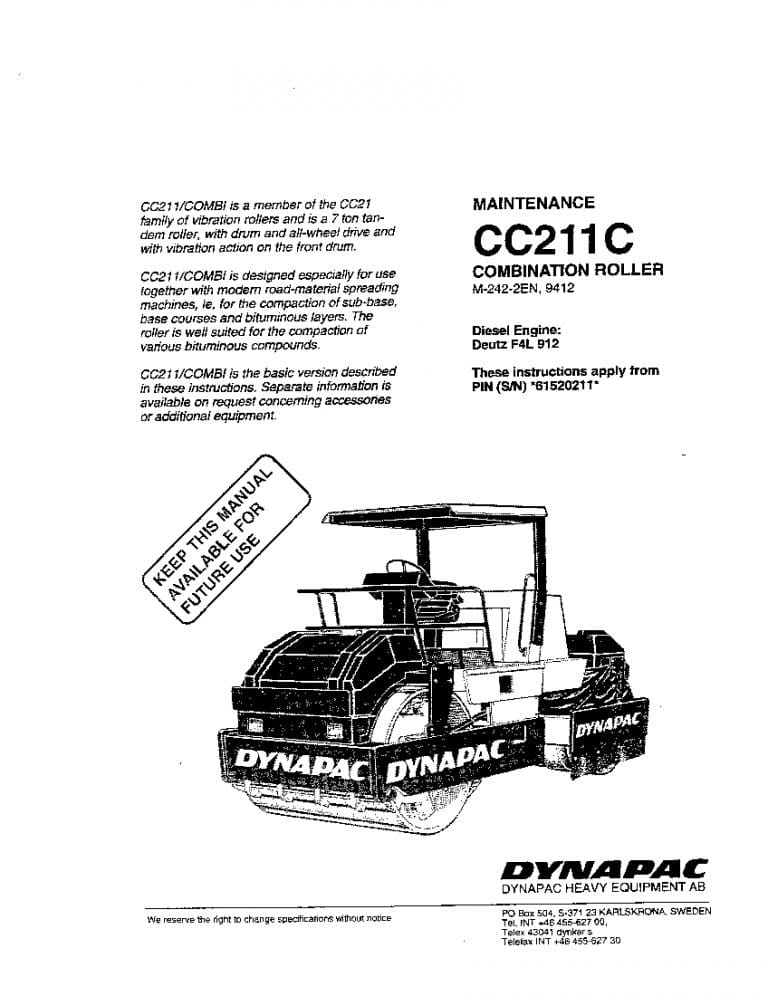 Dynapac CC 211C Operation and Maintenance Manual PDF Download
