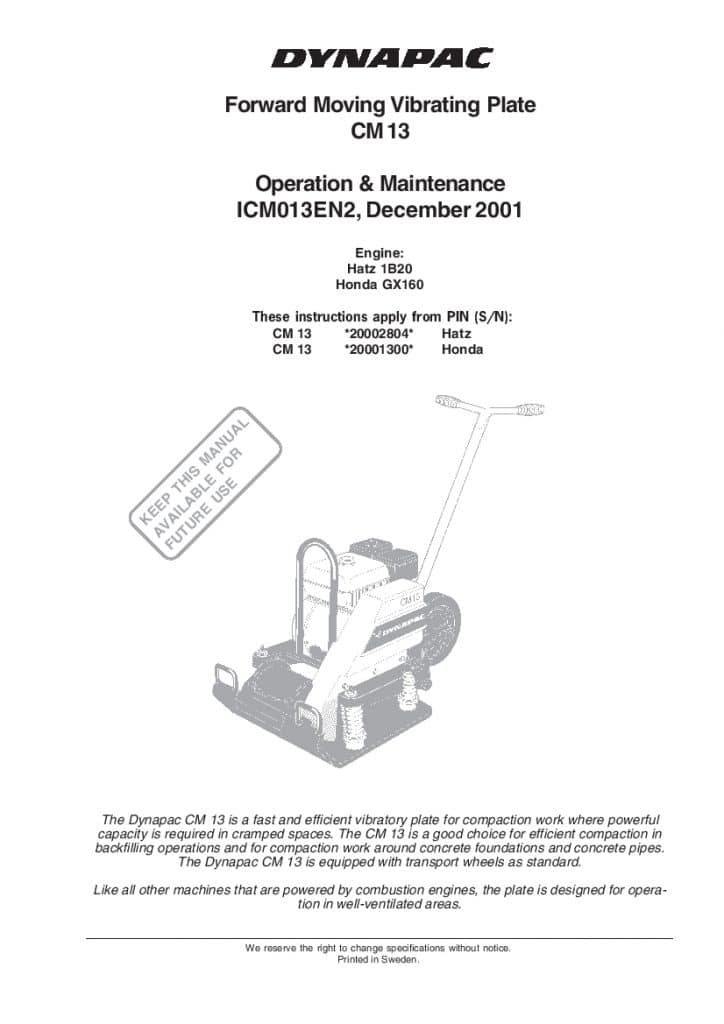 Dynapac CM 13 Operation and Maintenance Manual PDF Download