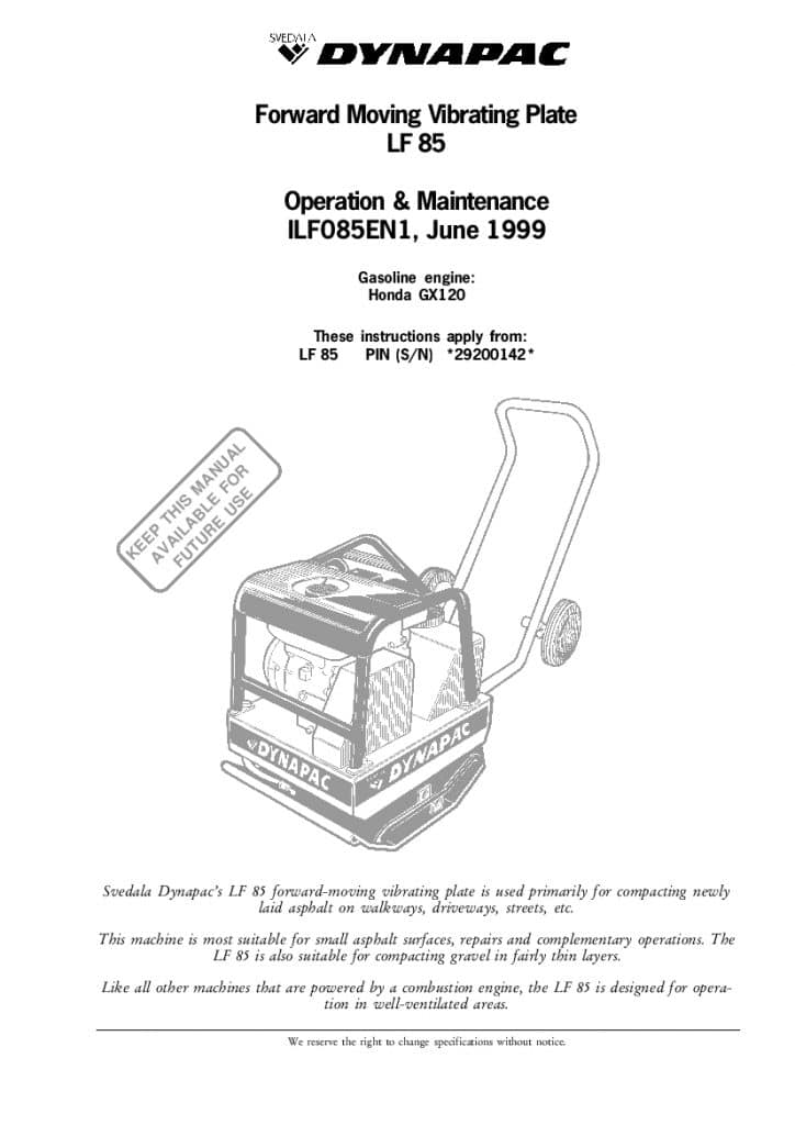 Dynapac LF 85 Operation and Maintenance Manual PDF Download