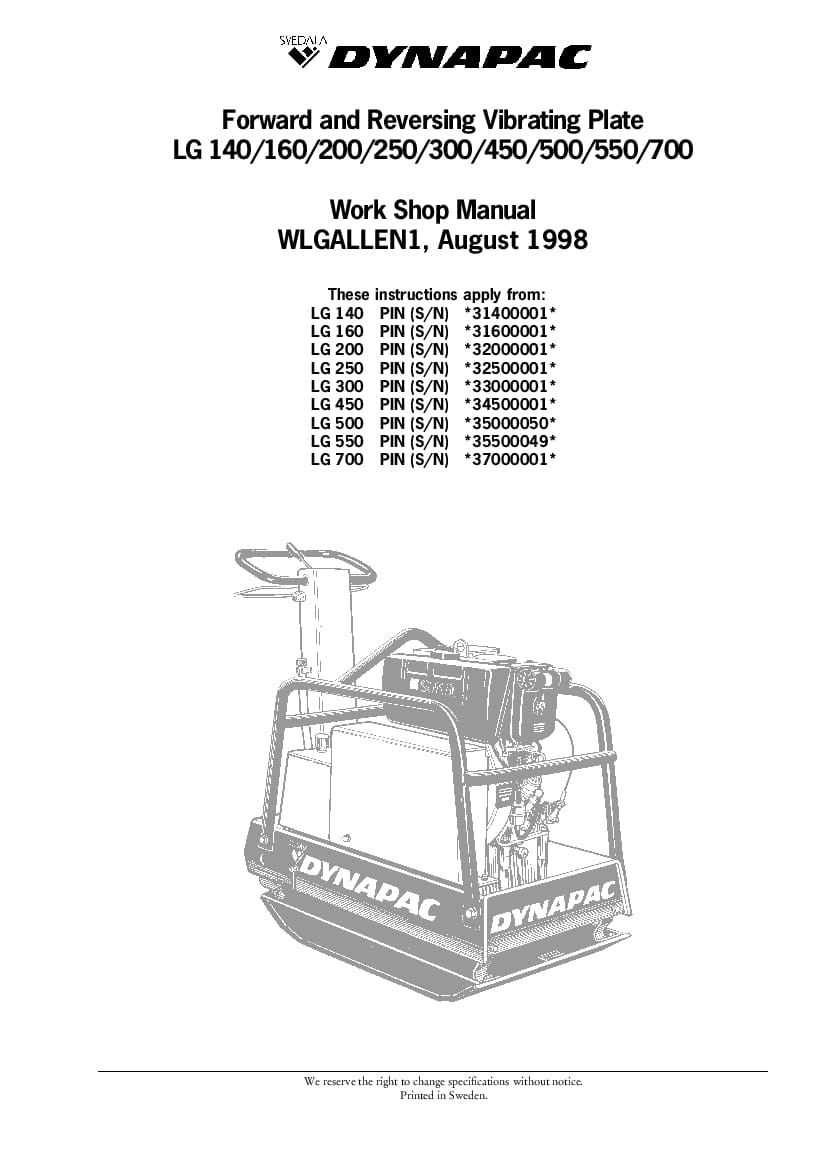 Dynapac LG140 160 200 250 300 450 500 550 700 Workshop Repair Service Manual PDF Download