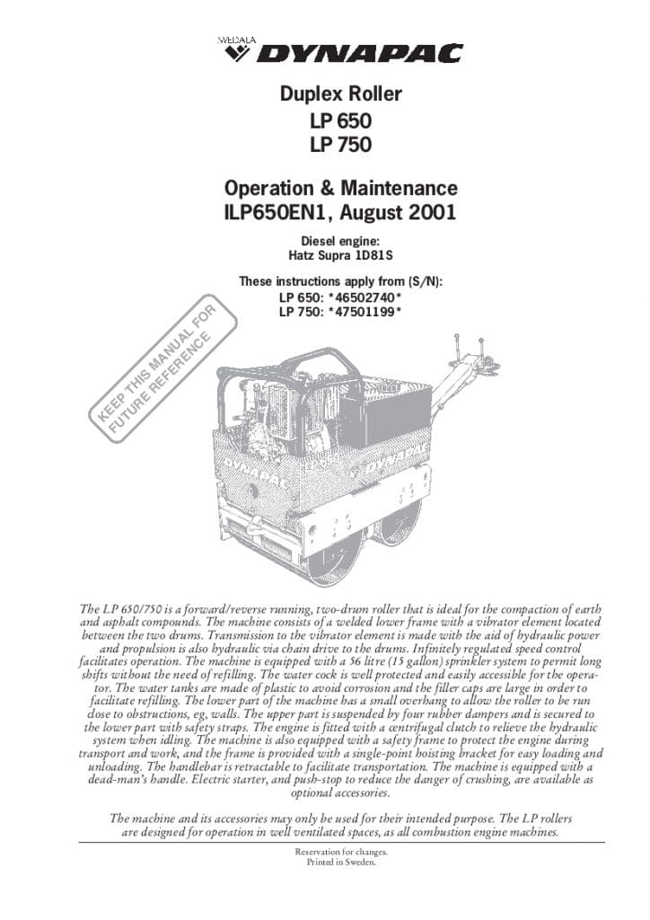 Dynapac LP 650 750 Operation and Maintenance Manual PDF Download
