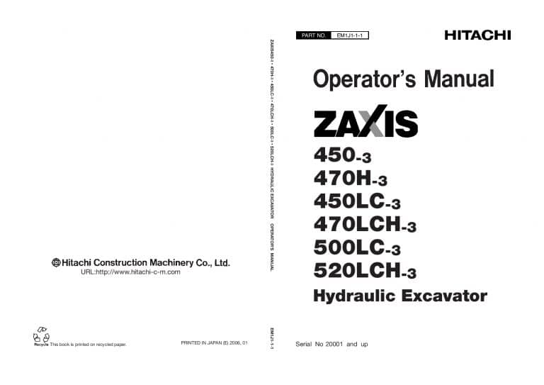 Hitachi Zaxis 450-3 470-3 500-3 520-3 H LC LCH Operation and Maintenance Manual PDF Download