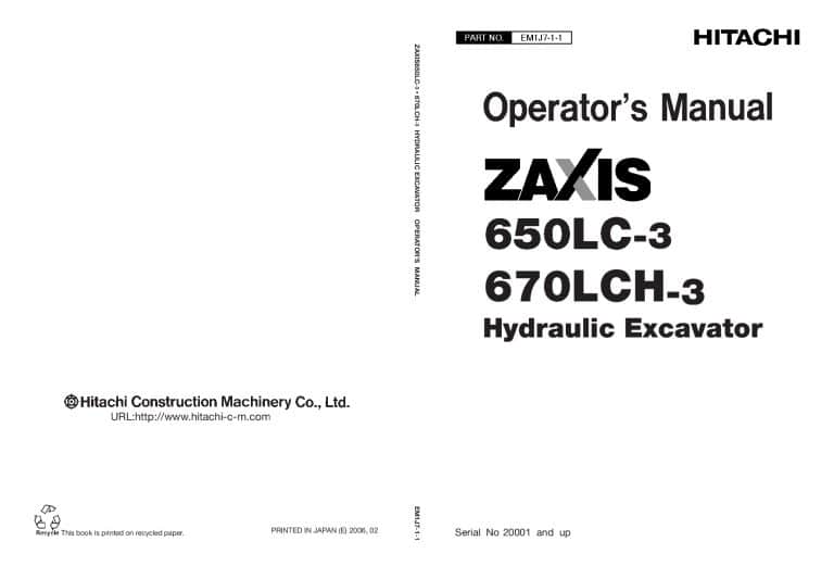 Hitachi Zaxis 650LC-3 670LCH-3 Operation and Maintenance Manual PDF Download
