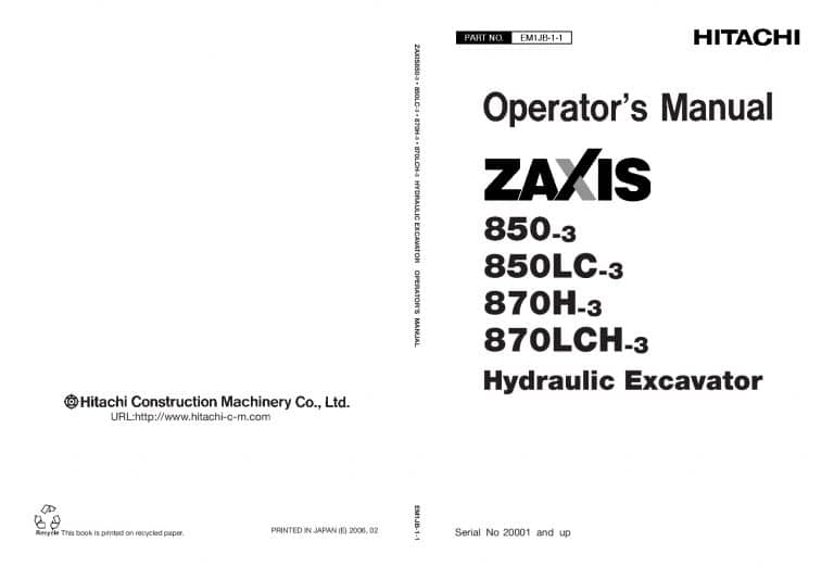 Hitachi Zaxis 850-3 870-3 H LC LCH Operation and Maintenance Manual PDF Download