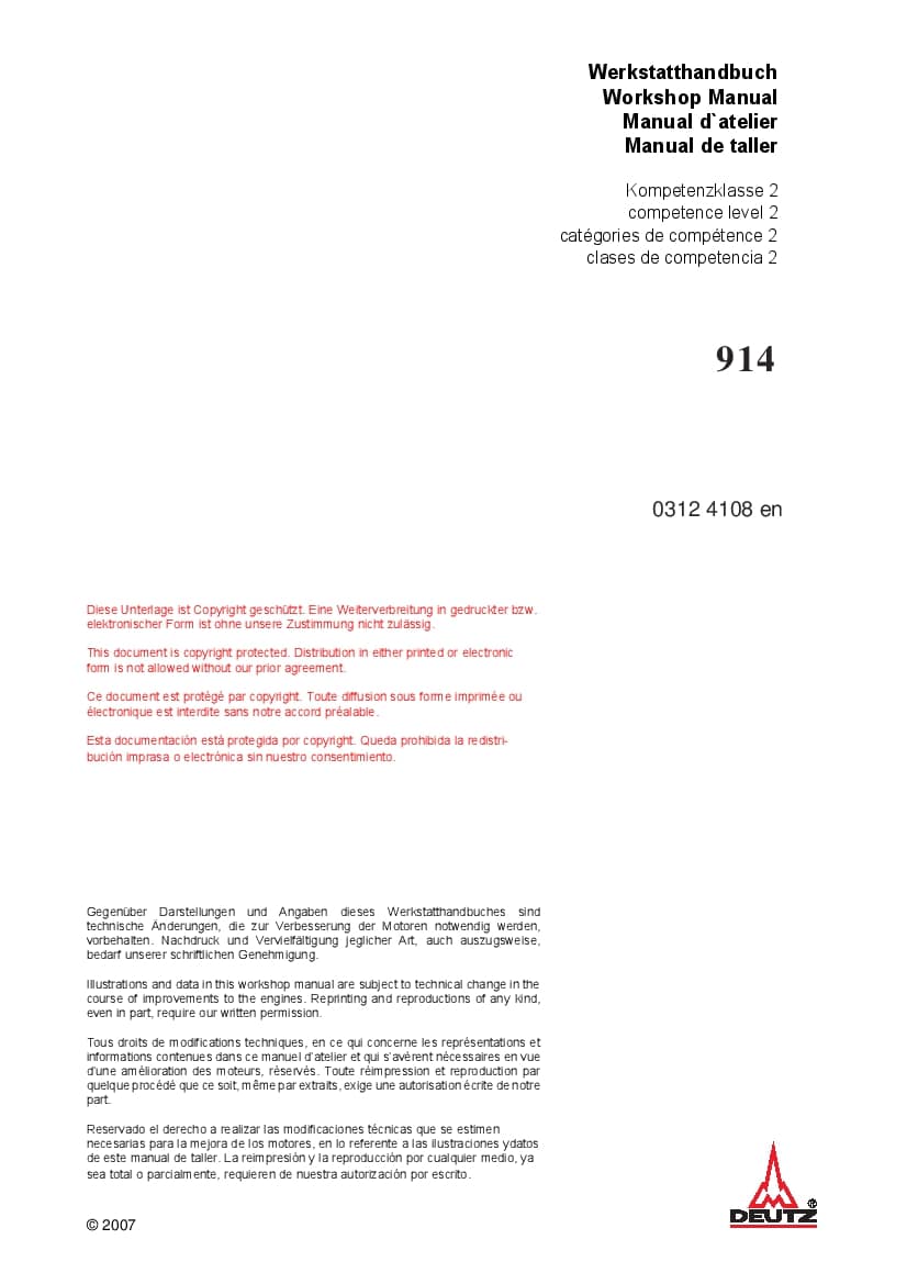 Deutz 914 03124108 Diesel Engine Workshop Repair Service Manual PDF Download