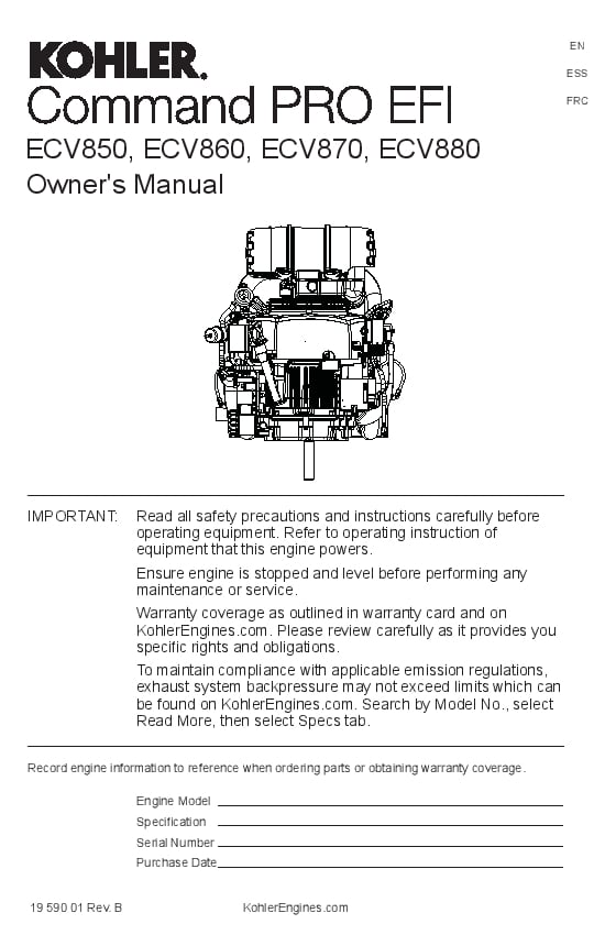 Kohler ECV850, ECV860, ECV870, ECV880 Engines Operation and Maintenance Manual PDF Download