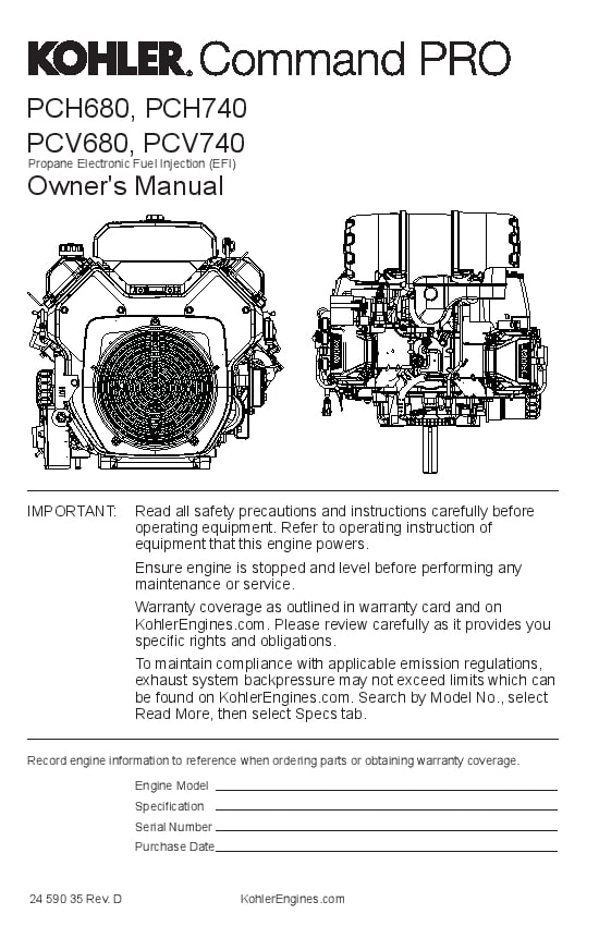 Kohler PCH680, PCH740, PCV680, PCV740 Engines Operation and Maintenance Manual PDF Download