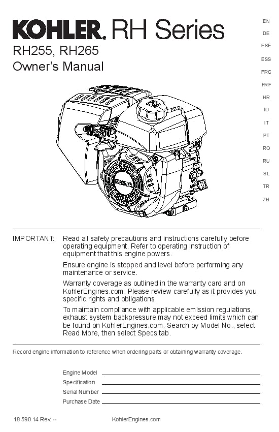 Kohler RH255, RH265 Engines Operation and Maintenance Manual PDF Download