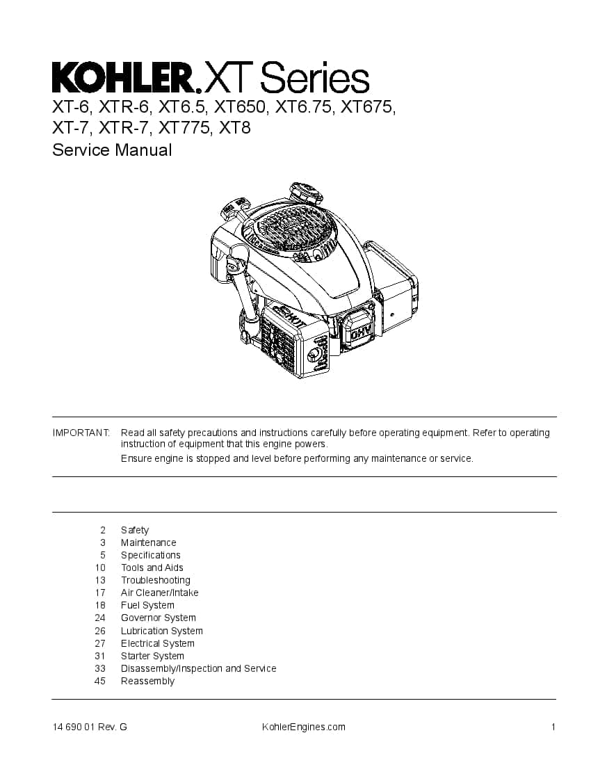 Kohler XT-6, XTR-6, XT6.5, XT650, XT6.75, XT675, XT-7, XTR-7, XT775, XT8 Engines Workshop Repair Service Manual PDF Download