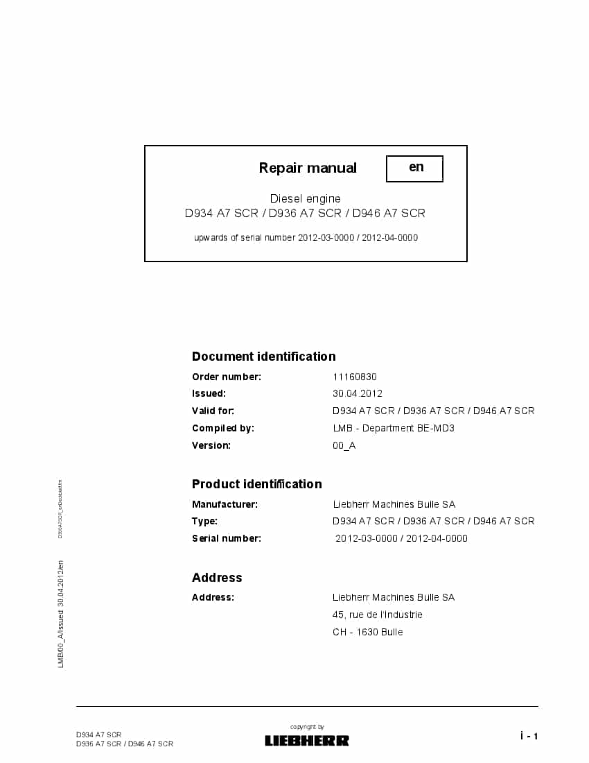 Liebherr D934 D936 D946 A7 SCR 2012 Diesel Engine Workshop Repair Service Manual PDF Download