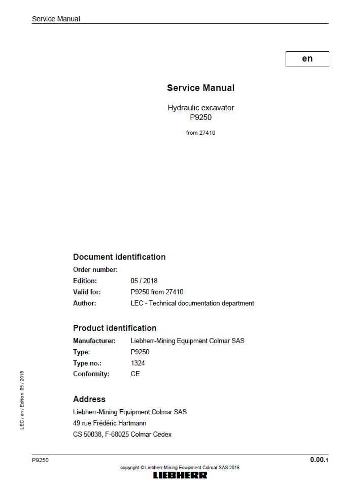 Liebherr P9250 27410 Hydraulic Excavator Workshop Repair Service Manual PDF Download