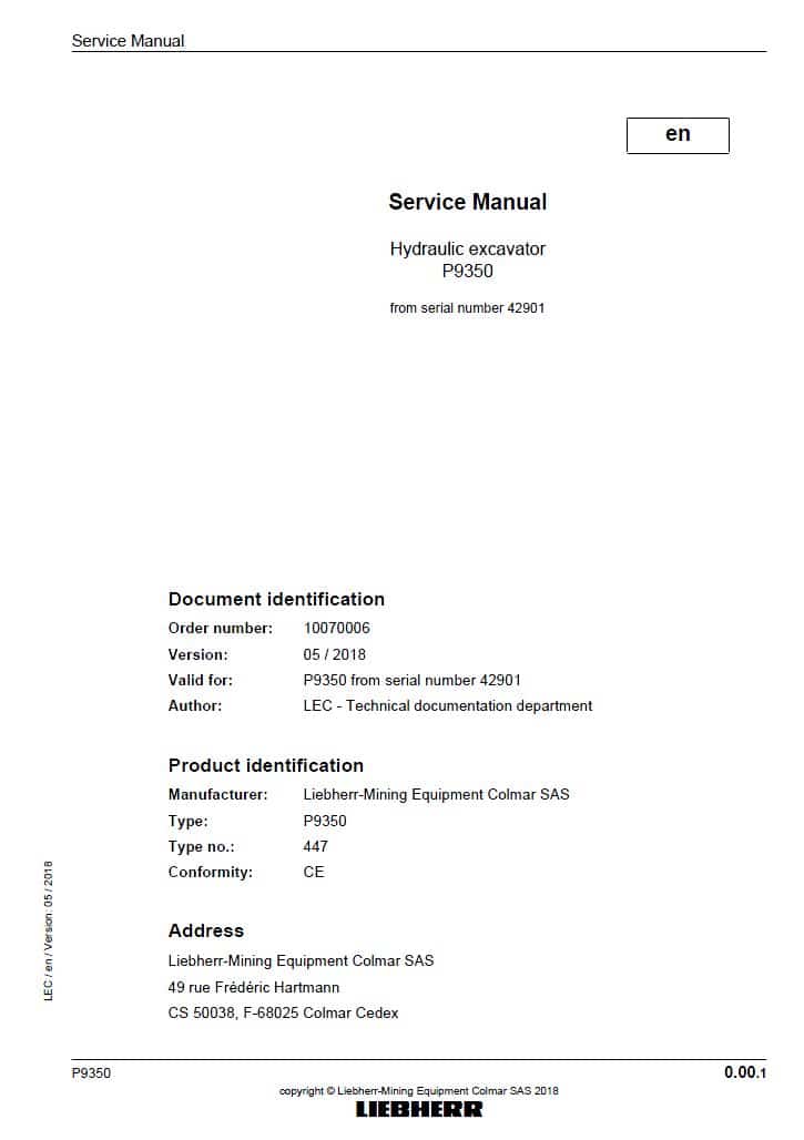 Liebherr P9350 42901 Hydraulic Excavator Workshop Repair Service Manual PDF Download