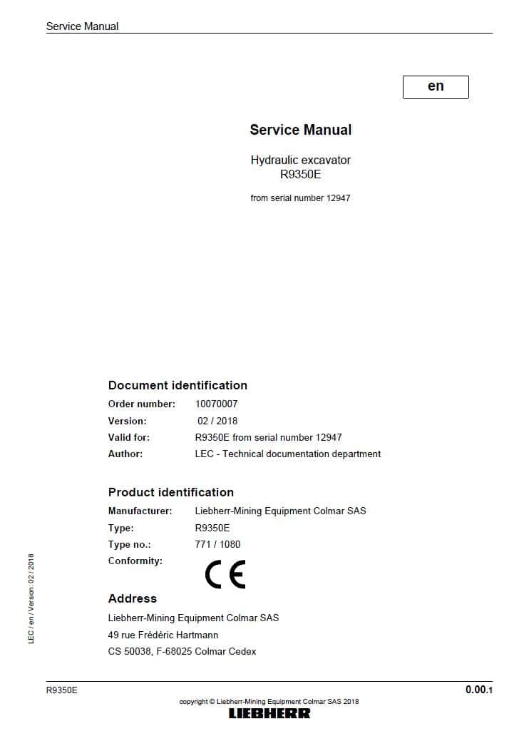 Liebherr R9350E 12947 Hydraulic Excavator Workshop Repair Service Manual PDF Download