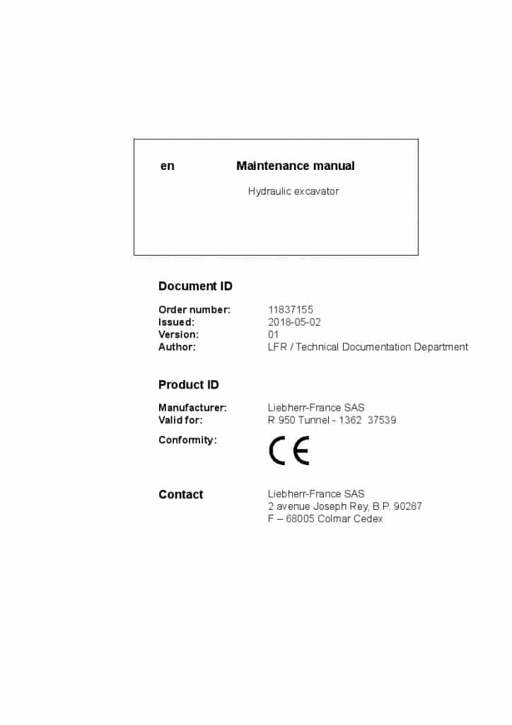 Liebherr R950 Tunnel 1362 37539 hydraulic excavators maintenance manual PDF Download