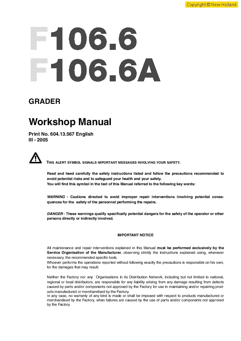New Holland F106.6A Grader Workshop Repair Service Manual PDF Download