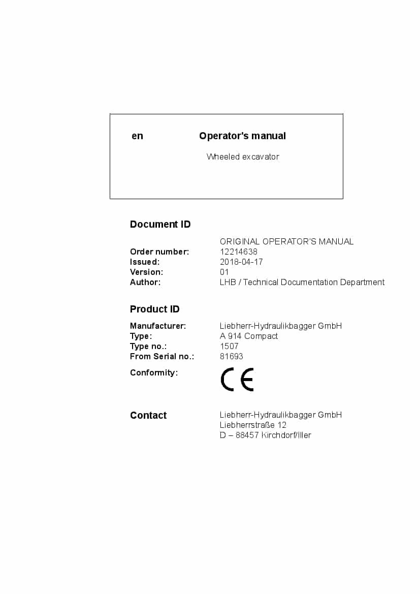 Liebherr A914 Compact Operation and Maintenance Manual PDF download