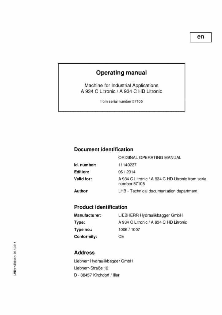 Liebherr A934C 57105 Operation and Maintenance Manual PDF download