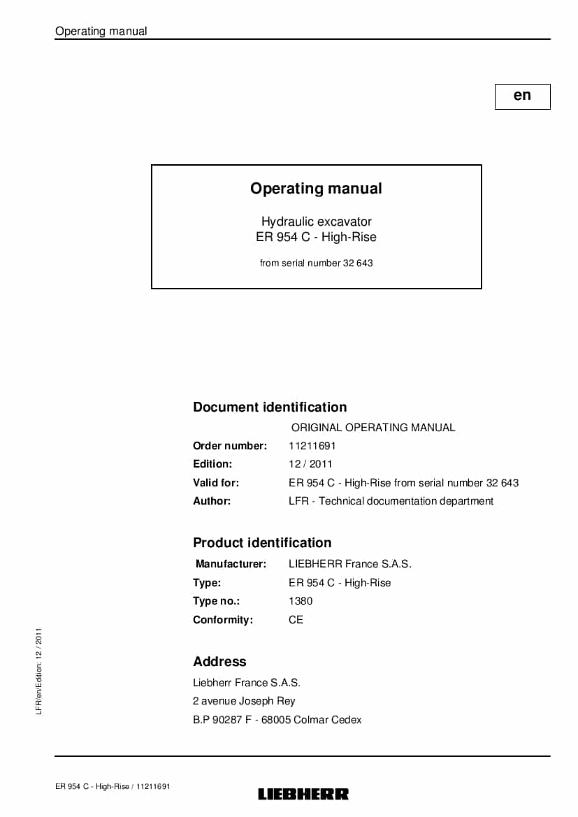 Liebherr ER954C High Rise 1380 32643 12 2011 en Operation and Maintenance Manual PDF download