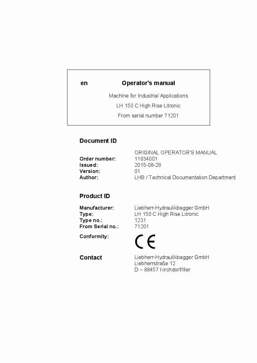 Liebherr LH150C High Rise 1231 71201 2015 08 28 en Operation and Maintenance Manual PDF download