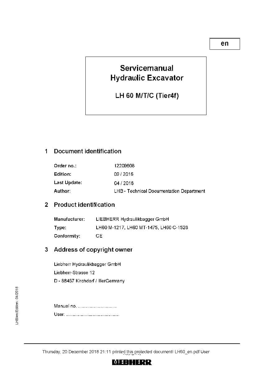 Liebherr LH60 M T C Tier 4f Hydraulic excavator Workshop Repair Service Manual PDF Download