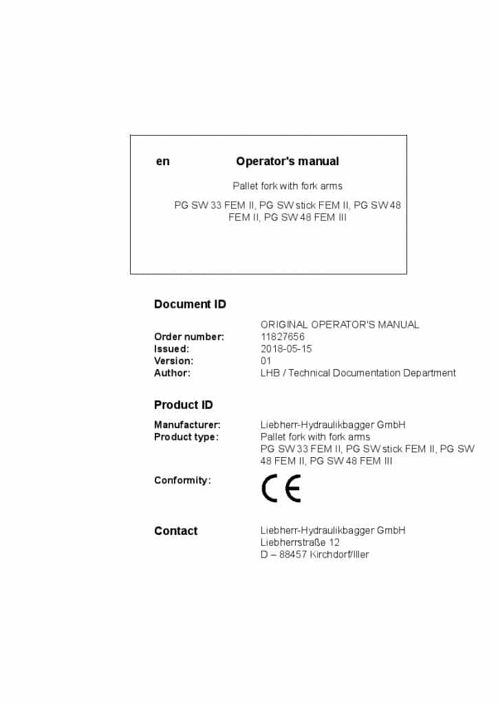 Liebherr PG SW 33 FEM II PG SW stick FEM II PG SW48 FEM II PG SW 48 FEM III Operation and Maintenance Manual PDF download