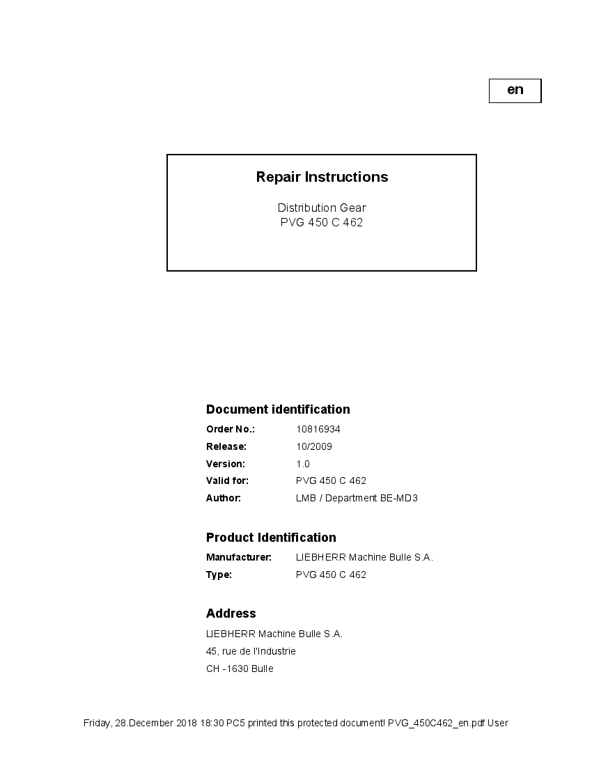 Liebherr PVG450 C462 Distribution Gear Workshop Repair Service Manual PDF Download