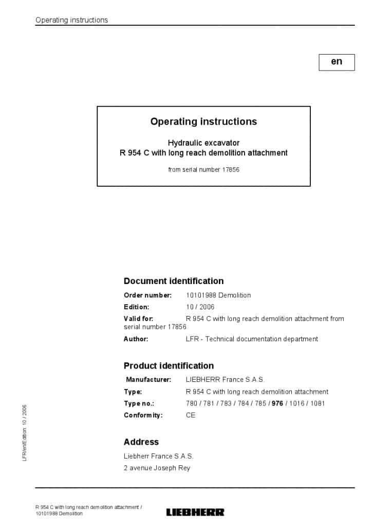 Liebherr R954C 17586 Operation and Maintenance Manual PDF download