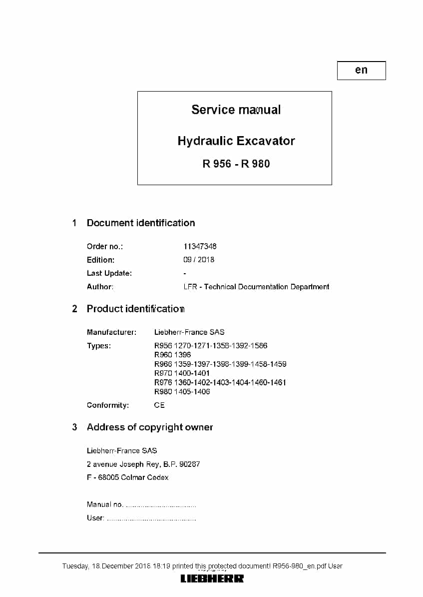 Liebherr R956 R960 R966 R970 R976 R980 11347348 Hydraulic excavator Workshop Repair Service Manual PDF Download