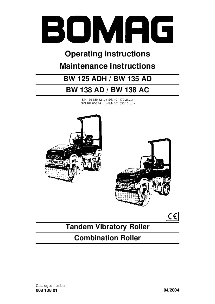 Bomag BW125 BW135 BW138 Operation and Maintenance Manual PDF download