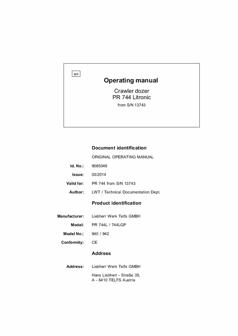 Liebherr PR744 940 942 13743 Crawler dozer Operation and Maintenance Manual PDF download