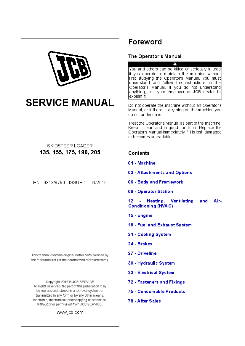 JCB 135, 15S, 175, 190, 205 Skidsteer Loader Workshop Repair Service Manual PDF Download