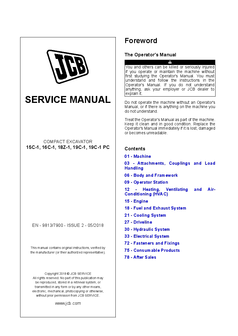 JCB 15C-1, 16C-1, 18Z-1, 19C-1, 19C-1 PC Excavator Workshop Repair Service Manual PDF Download