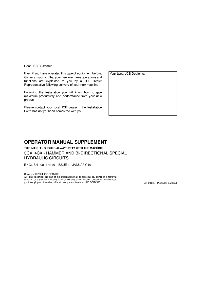 JCB 3CX 4CX Hammer and Bi-Directional Special Hydraulic Circuits Operation and Maintenance Manual PDF download