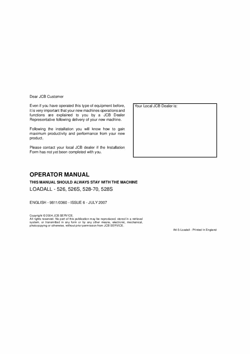 JCB 526, 526S, 528-70, 528S Tier 2 Loadall Operation and Maintenance Manual PDF download