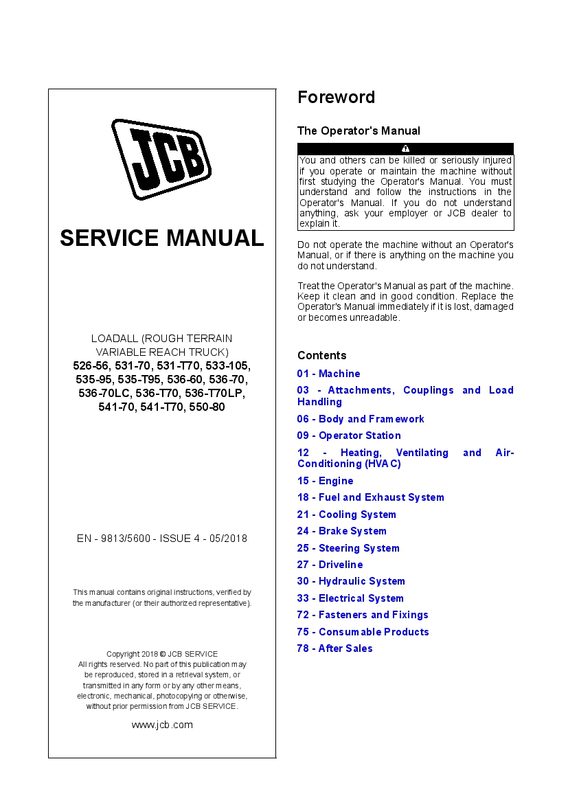 JCB 526-56, 531-70, 533-105, 535-95, 536-60, 536-70, 541-70, 550-80 Tiet 4F Loadalls Workshop Repair Service Manual PDF Download