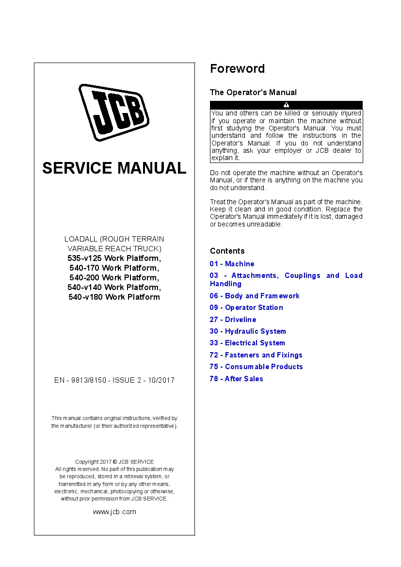 JCB 535-V125, 540-170, 540-200, 540-V140 work Platform Workshop Repair Service Manual PDF Download