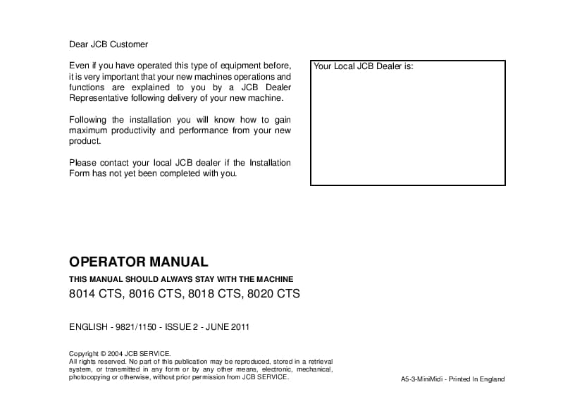 JCB 8014CTS, 8016 CTS, 8018 CTS, 8020 CTS Operation and Maintenance Manual PDF download