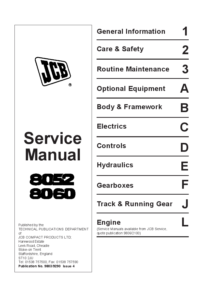 JCB 8052 8060 100 series Engine Excavator Workshop Repair Service Manual PDF Download