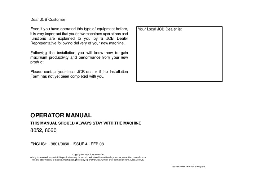 JCB 8052 8060 Excavator Operation and Maintenance Manual PDF download