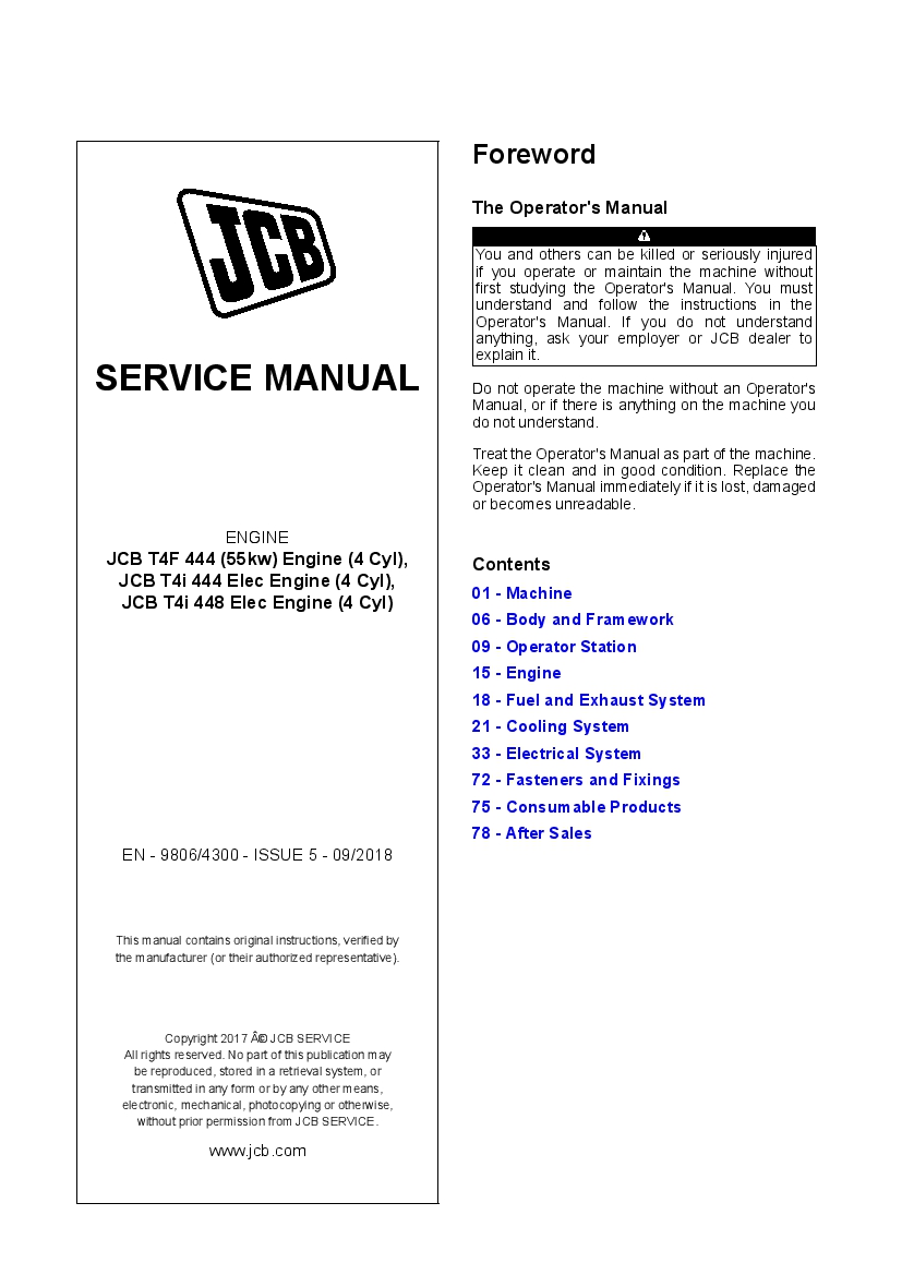 JCB Ecomax 4 Cylinder Tier 4 and T4F Engine SL SM SH DH DM Workshop Repair Service Manual PDF Download
