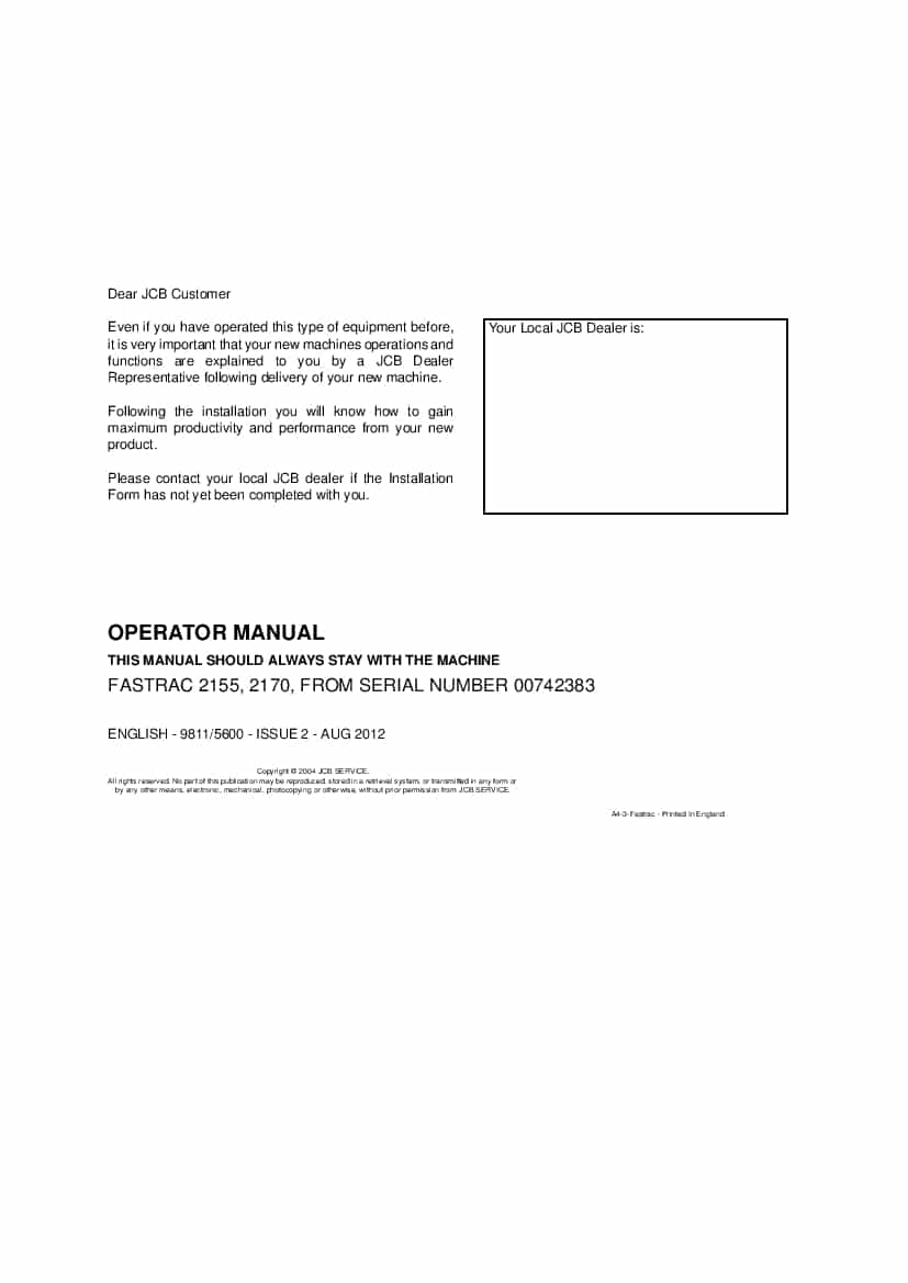 JCB FASTRAC 2155, 2170 FROM 00742383 Operation and Maintenance Manual PDF download