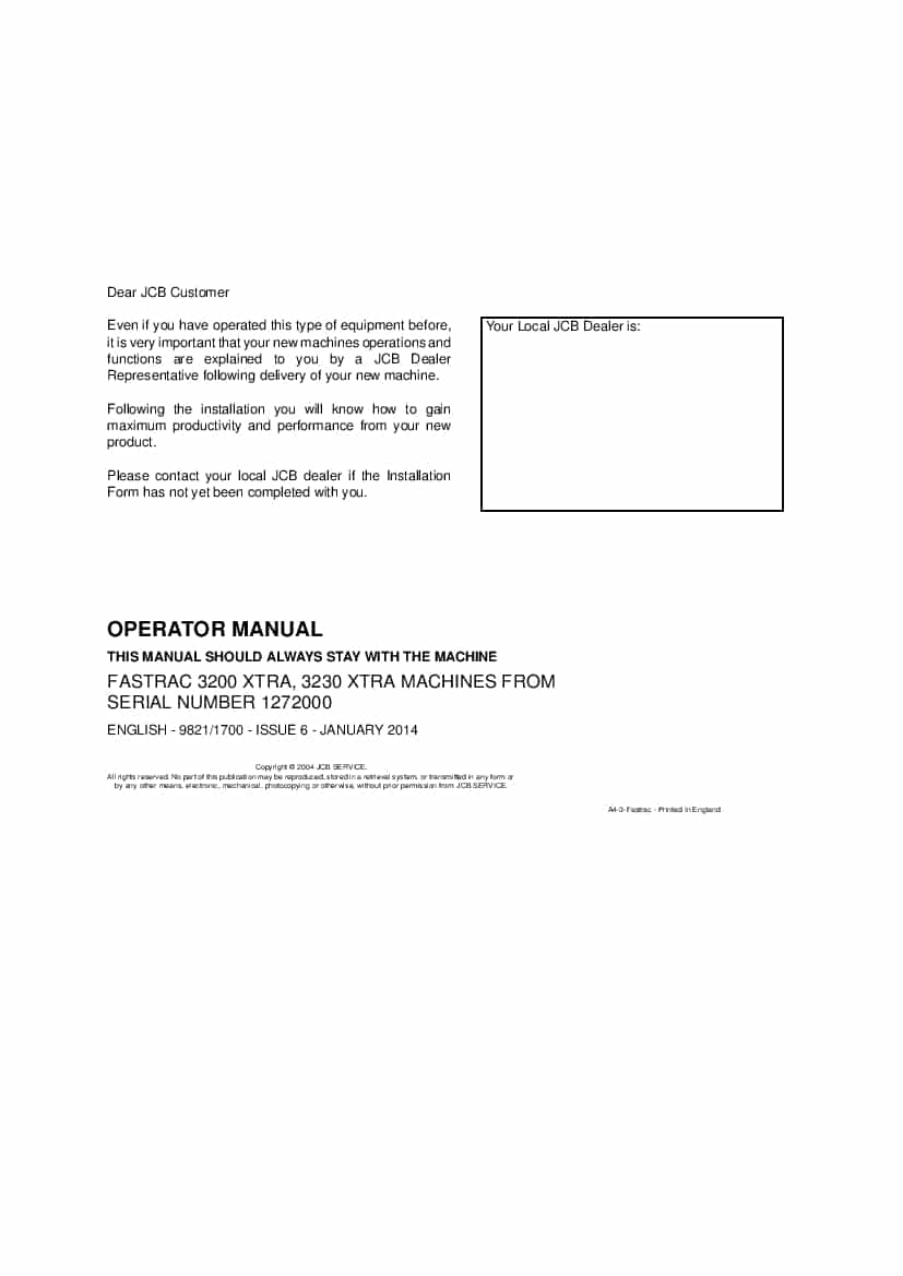 JCB FASTRAC 3200 XTRA, 3230 XTRA from SERIAL 1272000 Operation and Maintenance Manual PDF download