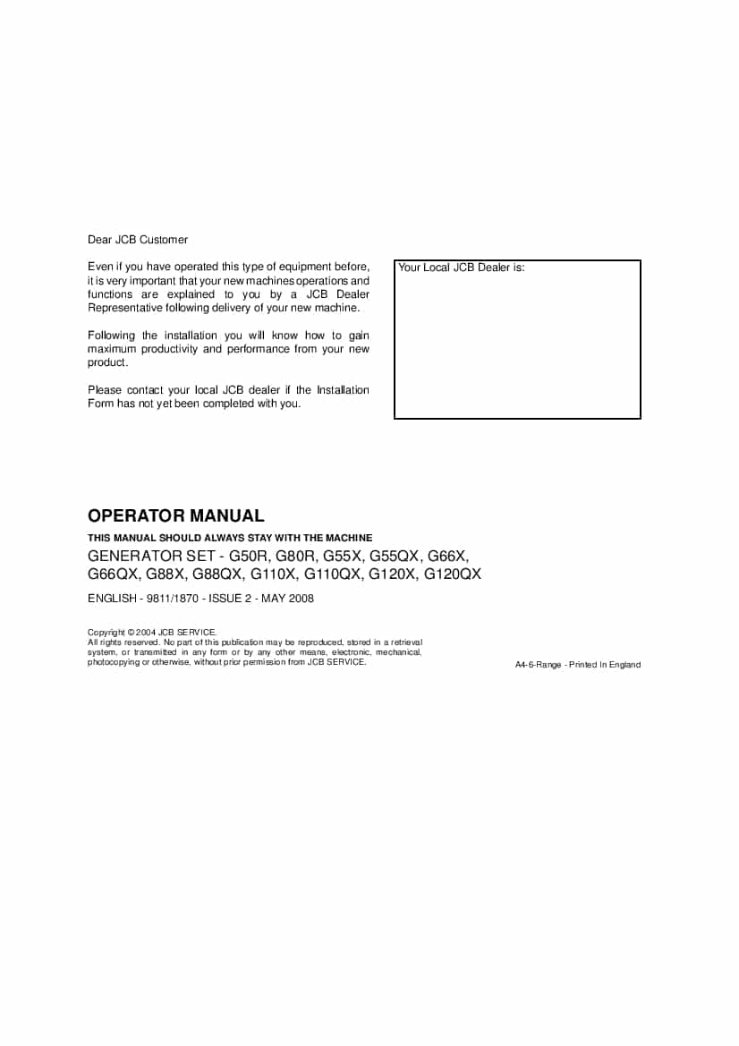JCB G50, G80, G55, G66, G88. G110, G120 Generator Operation and Maintenance Manual PDF download